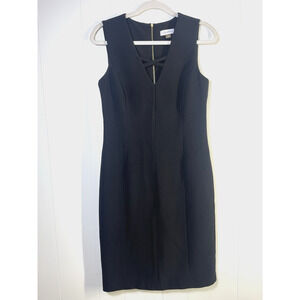 Calvin Klein Sheath Dress Ribbed Cross Strap V Neck Sleeveless Black Size 6 LBD